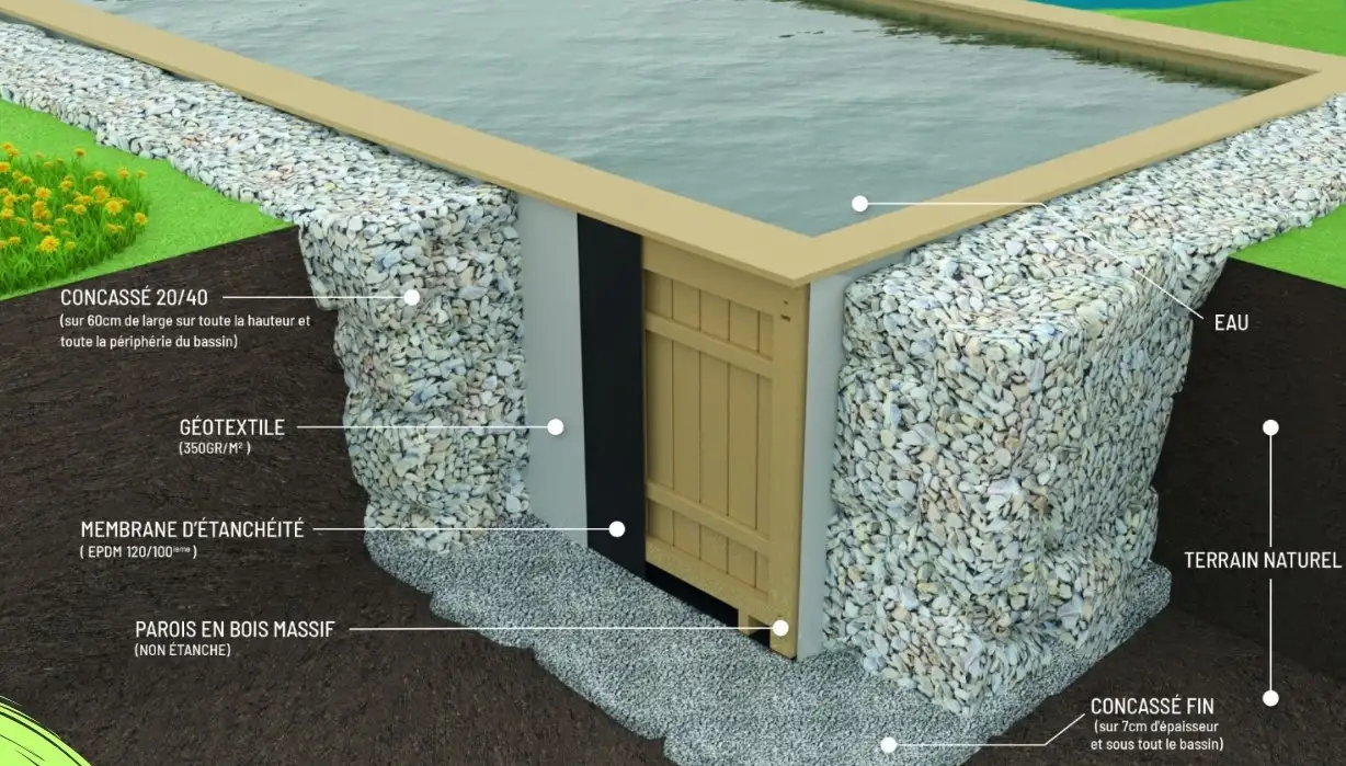 Plan de coupe d'une piscine en bois immergé BioPoolTech