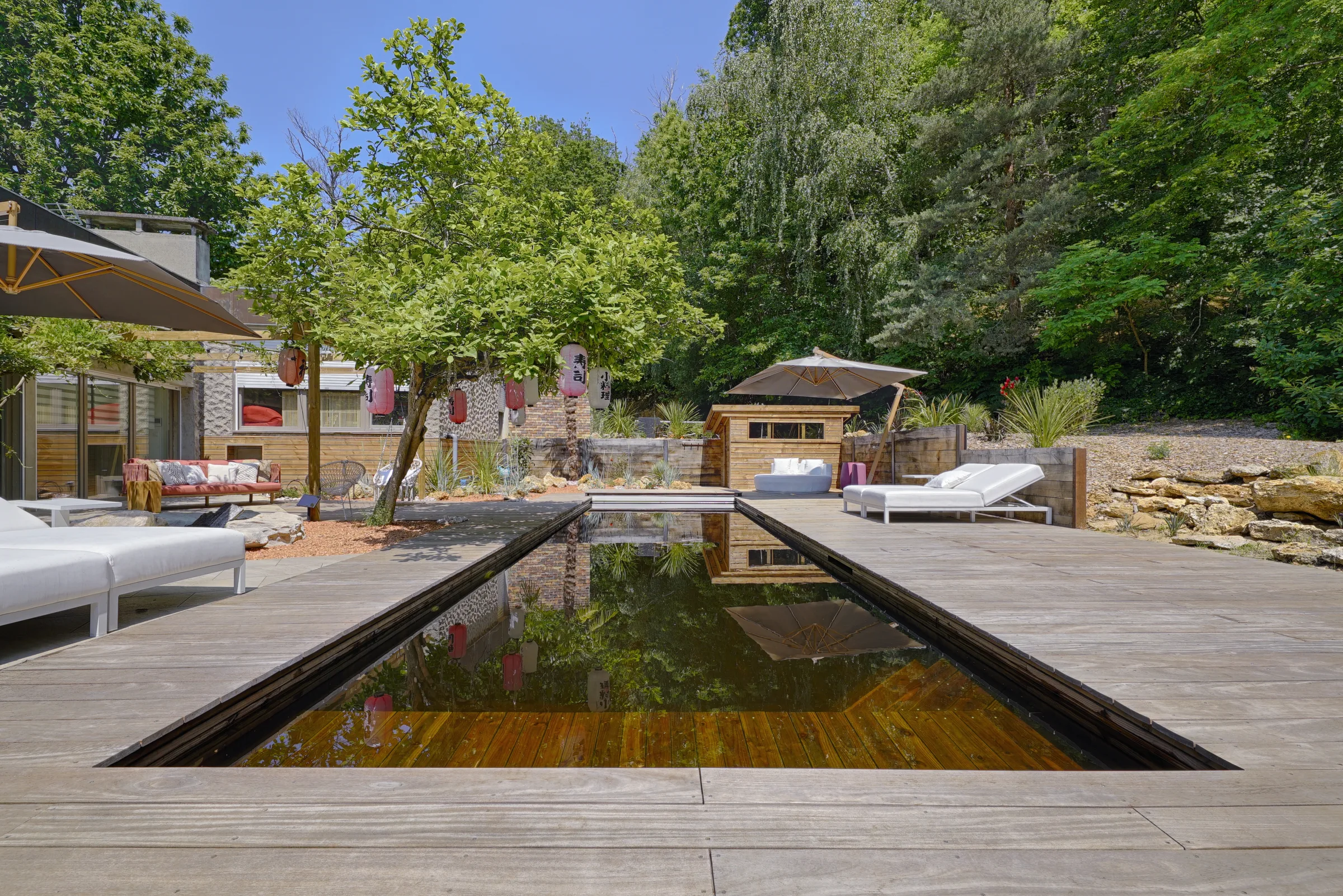 Vue générale d'une piscine écologique intégrée au jardin